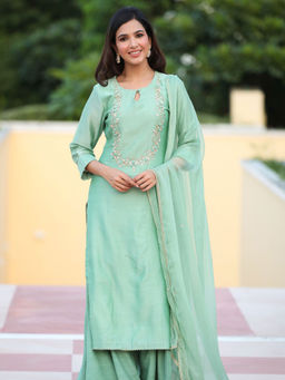 Gillori - Iced Mint Handwork Pure Chanderi Suit (Set of 3)