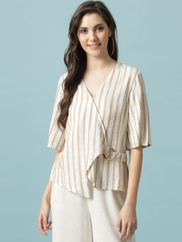 Gipsy - Beige Medium Length V-Neck Cotton Blouse