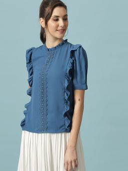 Gipsy - Steel Blue Medium Length Round Neck Polyester Blouse