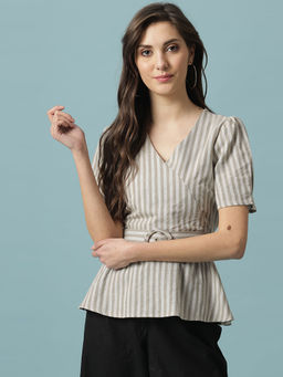 Gipsy - Khaki Medium Length V-Neck Cotton Blouse