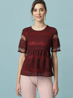 Gipsy - Maroon Medium Length Round Neck Polyester Blouse