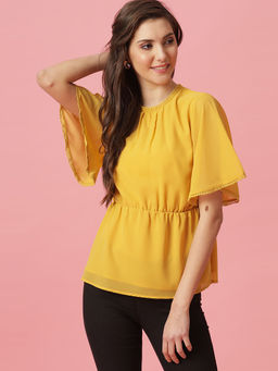 Gipsy - Yellow Medium Length Round Neck Polyester Blouse