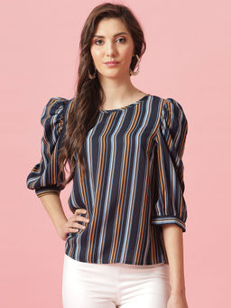 Gipsy - Navy Medium Length Round Neck Polyester Blouse