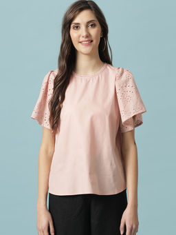 Gipsy - Dusky Pink Medium Length Round Neck Cotton Blouse