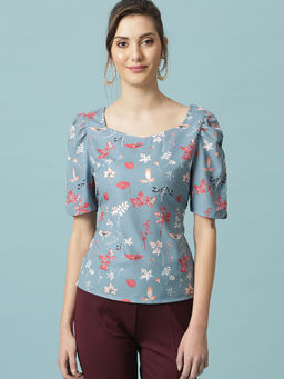 Gipsy - Steel Blue Medium Length Round Neck Polyester Blouse