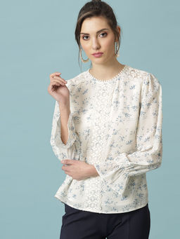 Gipsy - Cream Medium Length Round Neck Polyester Blouse