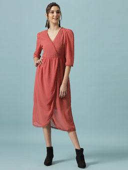 Gipsy - Brick Pink Midi Length V-Neck Polyester Dress
