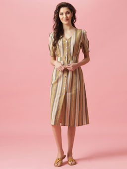 Gipsy - Mustard Midi Length V-Neck Cotton Dress