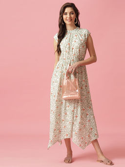 Gipsy - Cream Midi Length Round Neck Georgette Dress