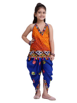 BownBee - Girls Bandhani Halter Top with Embroidery Dhoti- Blue (Set of 2)