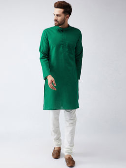 SOJANYA - Cotton Linen Dark Green Kurta And Off White Churidar Pyjama (Set of 2)