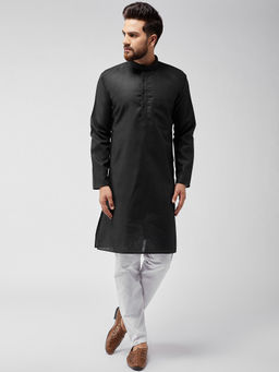 SOJANYA - Men's Cotton Linen Black Kurta & White Pyjama Set (Set of 2)