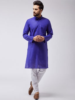 SOJANYA - Men Cotton Linen Royal Blue Kurta & White Pyjama (Set of 2)