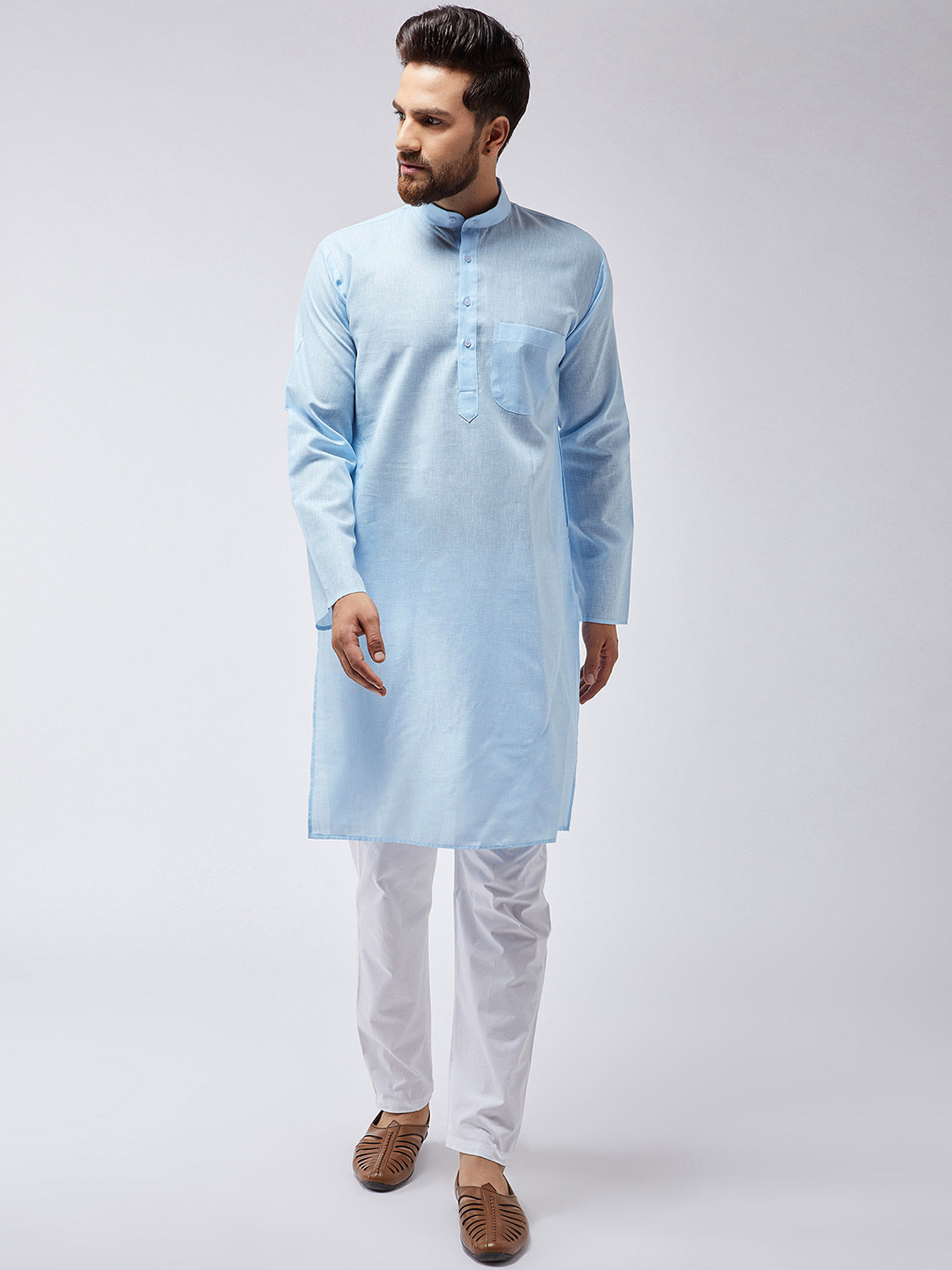 SOJANYA Men Cotton Linen Sky Blue Kurta 
