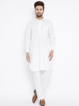 SOJANYA - Cotton Classic White Pathani Kurta And Salwar (Set of 2)