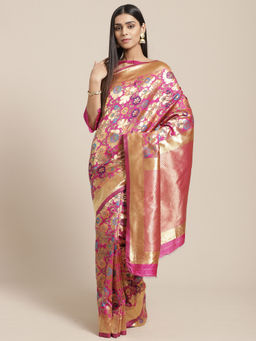 Sareemall - Pink Party Silk Blend Banarasi Saree With Unstitched Blouse