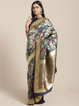 Sareemall - Navy Blue Party Silk Blend Banarasi Saree With Unstitched Blouse