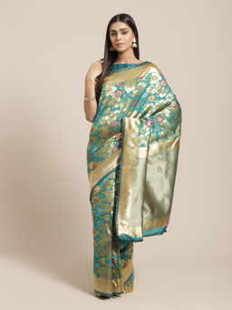 Sareemall - Teal Party Silk Blend Banarasi Saree With Unstitched Blouse