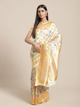 Sareemall - Cream Party Silk Blend Banarasi Saree With Unstitched Blouse