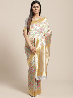 Sareemall - Grey Party Silk Blend Banarasi Saree With Unstitched Blouse