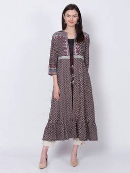 Biba - Black Printed Front Open Kurta With Inner (Set of 2)