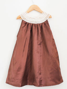 Woonie - Girls Crocheted Neck Satin Frock (Brown)
