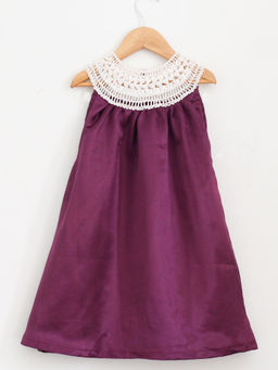 Woonie - Girls Crocheted Neck Satin Frock (Purple)