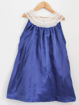Woonie - Girls Crocheted Neck Satin Frock (Blue)