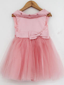 Woonie - Girls Peach Pearl Embellished Party Frock
