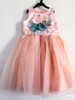 Woonie - Girls Peach Floral Embellished Party Frock