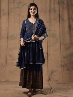 GULABI DORI - Navy Blue Muslin Sharara (Set of 3)