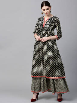 Gerua By Libas - Black Printed Anarkali Kurta And Printed Skirt (Set of 2)