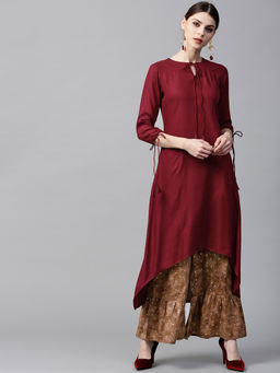 Gerua By Libas - Maroon Solid A-Line High Low Kurta And Printed Palazzo (Set of 2)