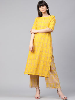 Gerua By Libas - Yellow Checks Kurta And Check Palazzo (Set of 2)