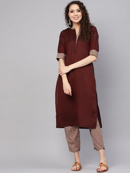 Gerua By Libas - Maroon Striped Kurta And Beige Checkered Trouser With Side Pocket (Set of 2)
