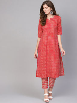 Gerua By Libas - Red Striped Kurta And Red Printed Trouser With Side Pocket (Set of 2)