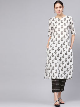 Gerua By Libas - White Printed Kurta And Black Printed Trouser With Side Pocket (Set of 2)