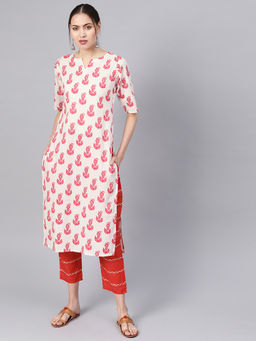Gerua By Libas - White Printed Kurta And Red Printed Trouser With Side Pocket (Set of 2)