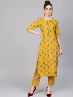Gerua By Libas - Yellow Block Printed Kurta And Yellow Block Printed With Pocket Trouser (Set of 2)