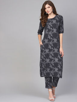 Gerua By Libas - Navy Blue Printed Kurta And Navy Blue Printed Trouser With Side Pocket (Set of 2)