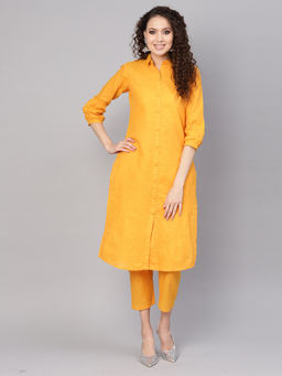 Gerua By Libas - Yellow Self Design Kurta And Yellow Self Printed Trouser With Side Pocket (Set of 2)