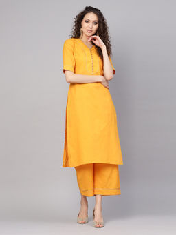 Gerua By Libas - Yellow Solid Kurta And Yellow Self Design Palazzo With Side Pocket (Set of 2)