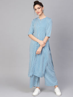 Gerua By Libas - Blue Straight Striped Kurta And Blue Striped Palazzo With Side Pocket (Set of 2)