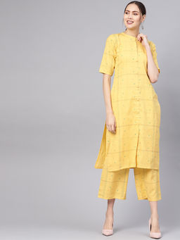 Gerua By Libas - Yellow Checkered Kurta And Yellow Checkered Palazzo With Side Pocket (Set of 2)