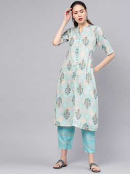 Gerua By Libas - Blue Printed A-Line Kurta And Blue Striped Trouser With Side Pocket (Set of 2)