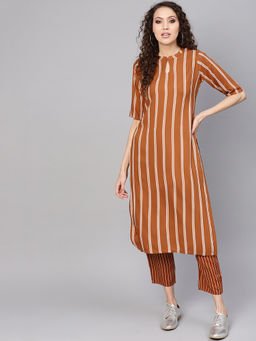 Gerua By Libas - Brown Striped Kurta And Brown Striped Trouser With Side Pocket (Set of 2)