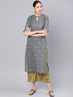 Gerua By Libas - Grey Printed Kurta And Yellow Printed Palazzo With Side Pocket (Set of 2)