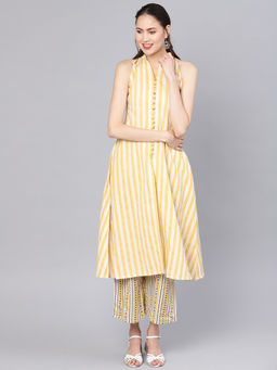 Gerua By Libas - Yellow Striped A-Line Kurta And Yellow Striped Palazzo With Side Pocket (Set of 2)