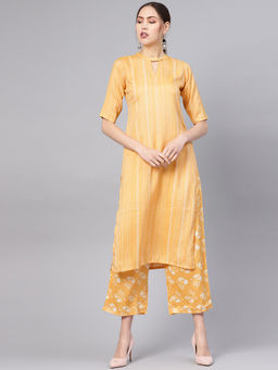 Gerua By Libas - Yellow Striped Kurta And Yellow Printed Palazzo With Side Pocket (Set of 2)