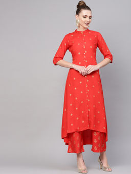 Gerua By Libas - Red Block Printed A-Line Kurta And Red Printed Palazzo With Side Pocket (Set of 2)